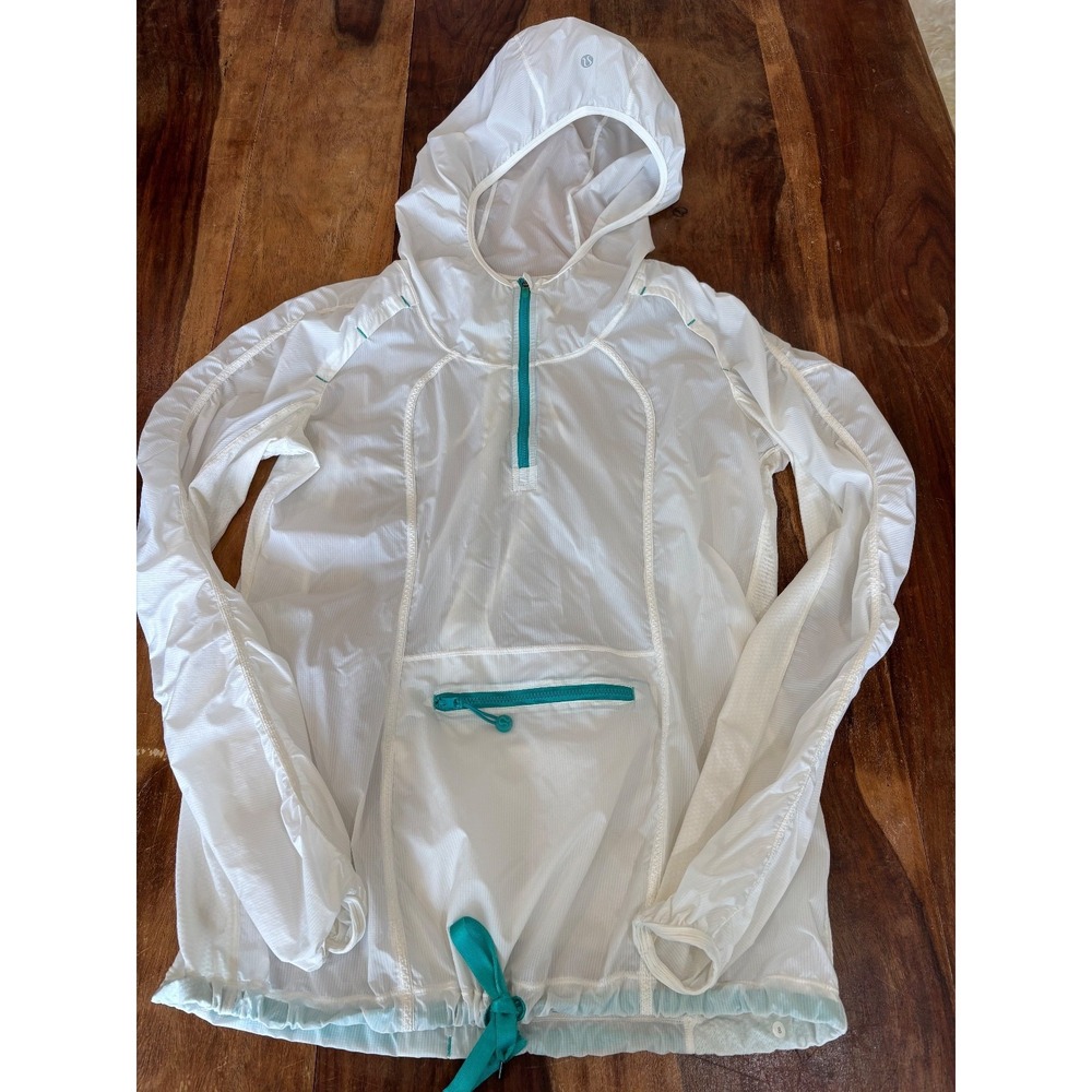 Lululemon clear white raincoat jacket hoodie green zipper womens' size 12